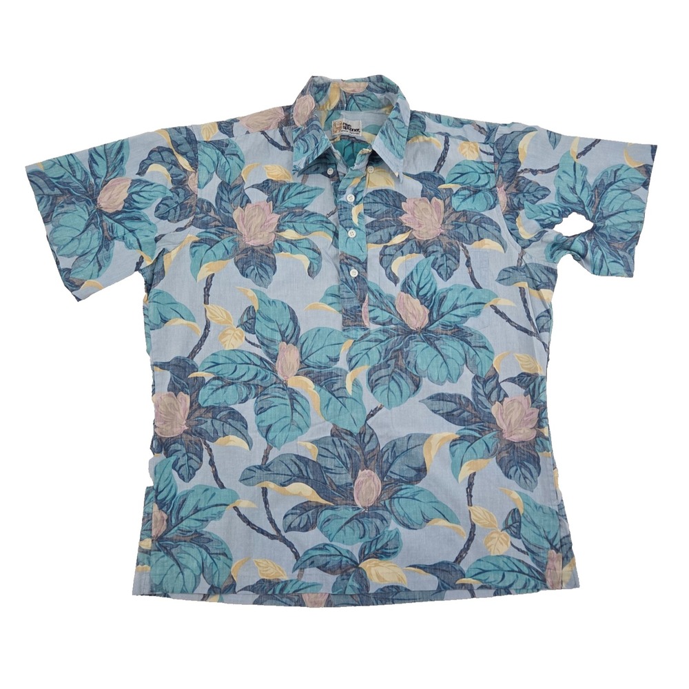 VTG Reyn Spooner Floral Pullover Shirt Medium Blue Hawaiian 80s USA Made